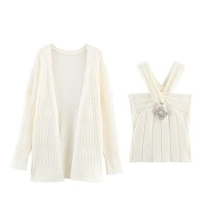 Set: Plain Open Front Cardigan + Halter Neck Rhinestone Accent Crop Knit Top