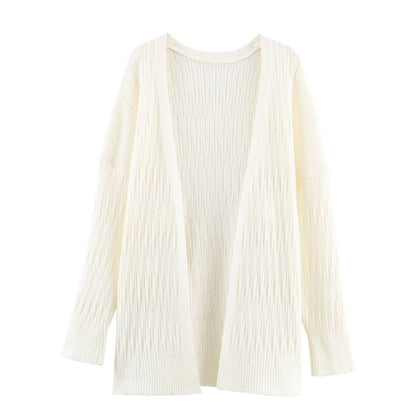 Set: Plain Open Front Cardigan + Halter Neck Rhinestone Accent Crop Knit Top