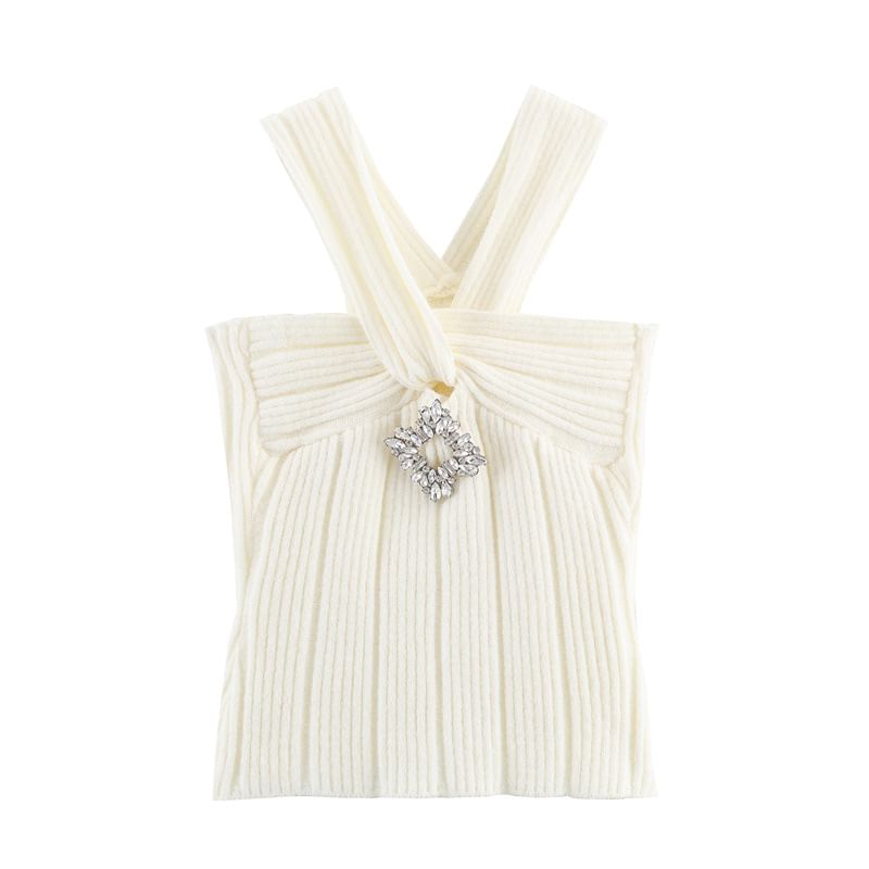 Set: Plain Open Front Cardigan + Halter Neck Rhinestone Accent Crop Knit Top