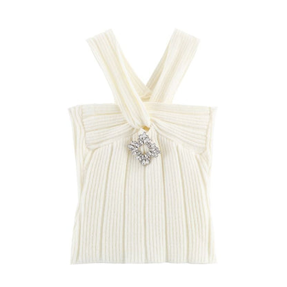 Set: Plain Open Front Cardigan + Halter Neck Rhinestone Accent Crop Knit Top