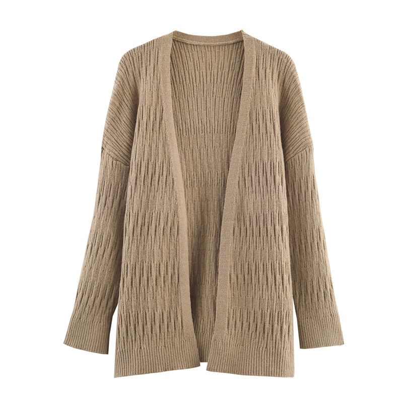 Set: Plain Open Front Cardigan + Halter Neck Rhinestone Accent Crop Knit Top