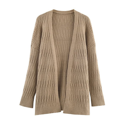 Set: Plain Open Front Cardigan + Halter Neck Rhinestone Accent Crop Knit Top