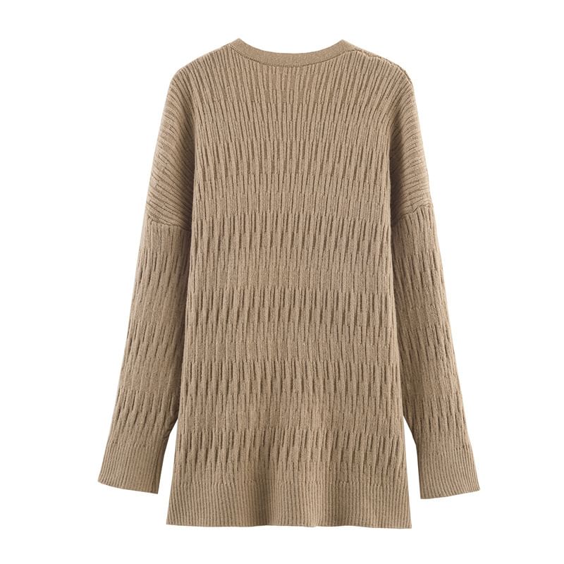 Set: Plain Open Front Cardigan + Halter Neck Rhinestone Accent Crop Knit Top