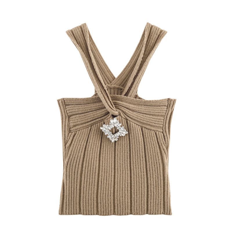 Set: Plain Open Front Cardigan + Halter Neck Rhinestone Accent Crop Knit Top