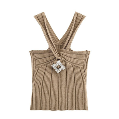 Set: Plain Open Front Cardigan + Halter Neck Rhinestone Accent Crop Knit Top