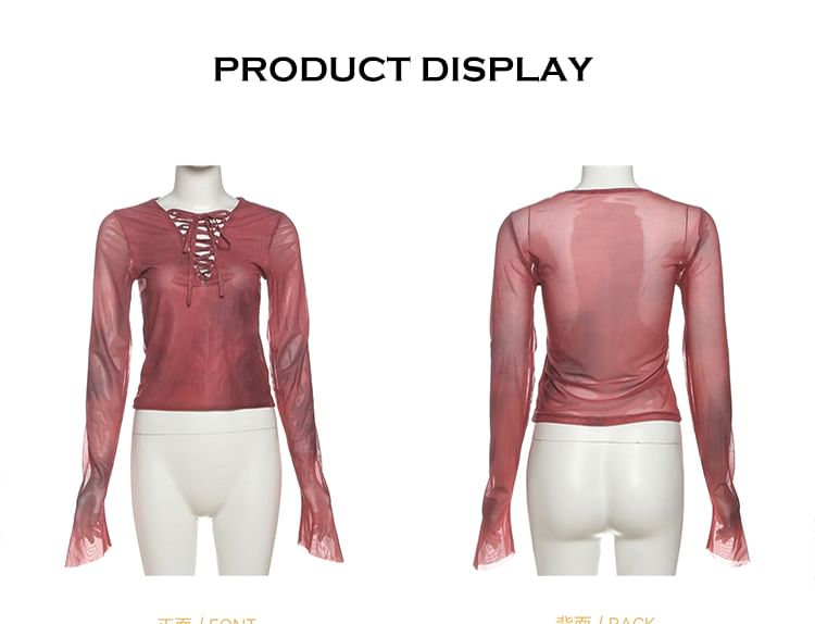 Asymmetrical Tie-Dyed Lace-Up Mesh Top with Buckled Mini Skirt