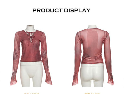 Asymmetrical Tie-Dyed Lace-Up Mesh Top with Buckled Mini Skirt