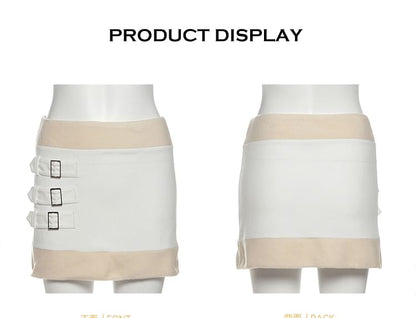 Mesh Top & Buckled Skirt Set - Asymmetrical, Lace-Up