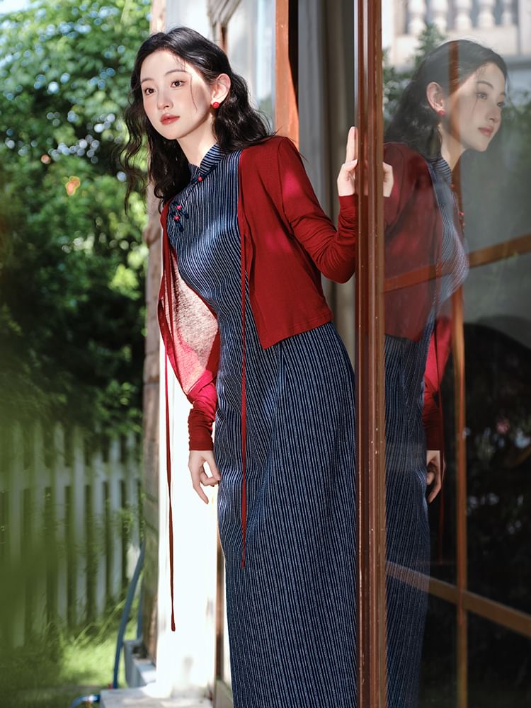 Short-Sleeve Striped Midi Qipao / Plain Tie Front Cardigan / Set