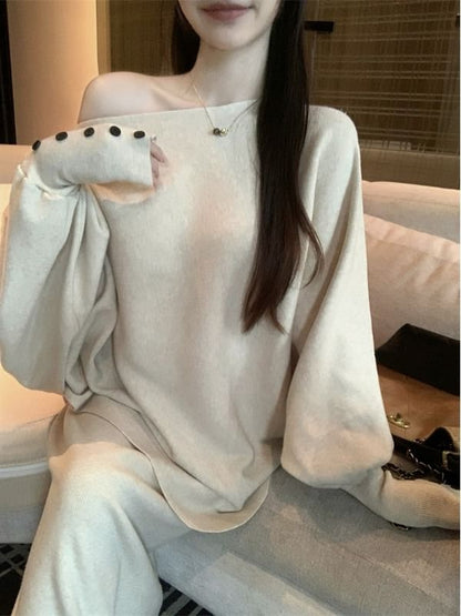 Sweater & Pencil Skirt Set - Batwing Sleeve, Boat Neck