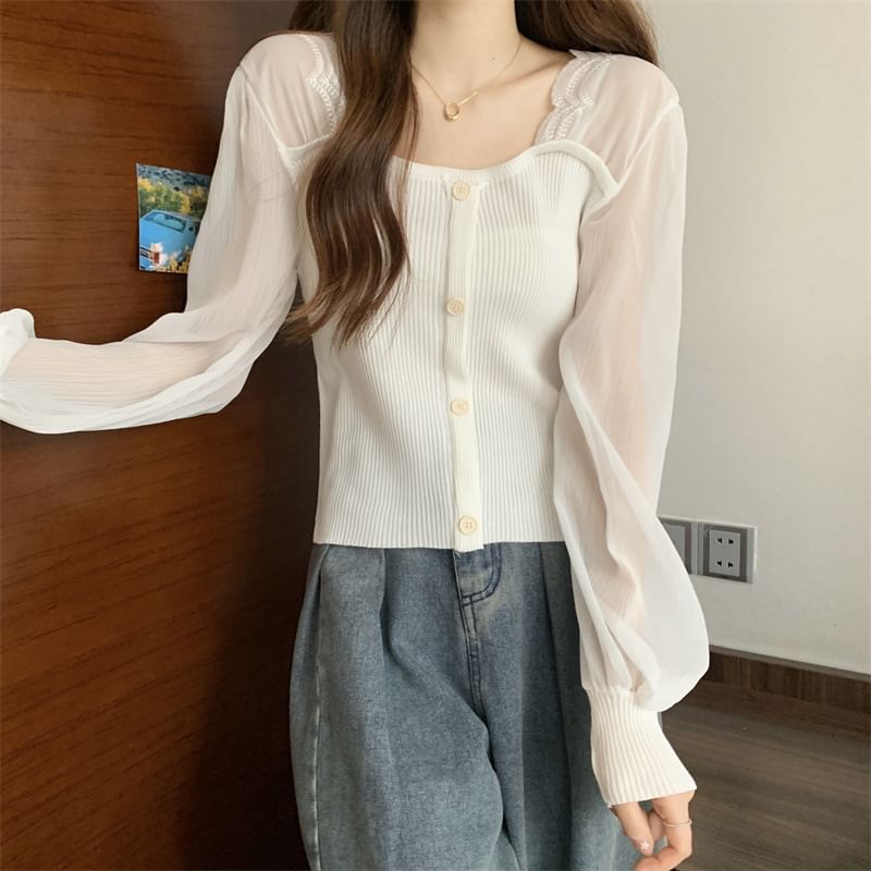 Long-Sleeve Mock Neck Knit Top with Mesh Panel and Buttons