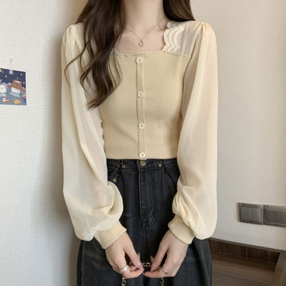 Long-Sleeve Mock Neck Knit Top with Mesh Panel and Buttons