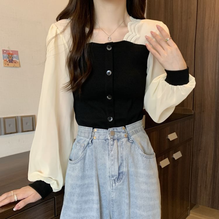 Long-Sleeve Mock Neck Knit Top with Mesh Panel and Buttons
