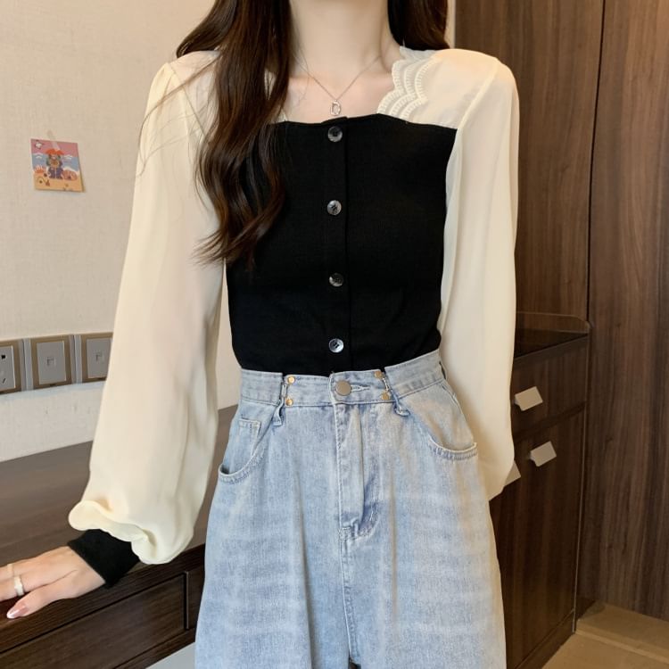 Long-Sleeve Mock Neck Knit Top with Mesh Panel and Buttons