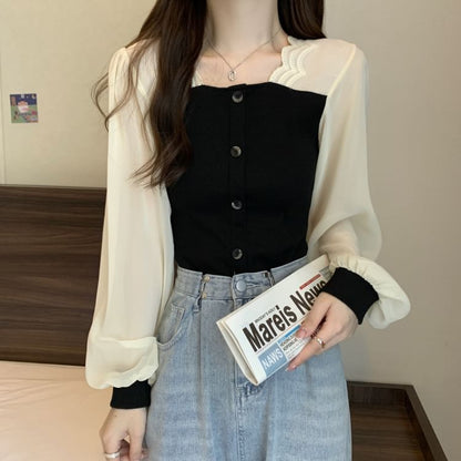 Long-Sleeve Mock Neck Knit Top with Mesh Panel and Buttons