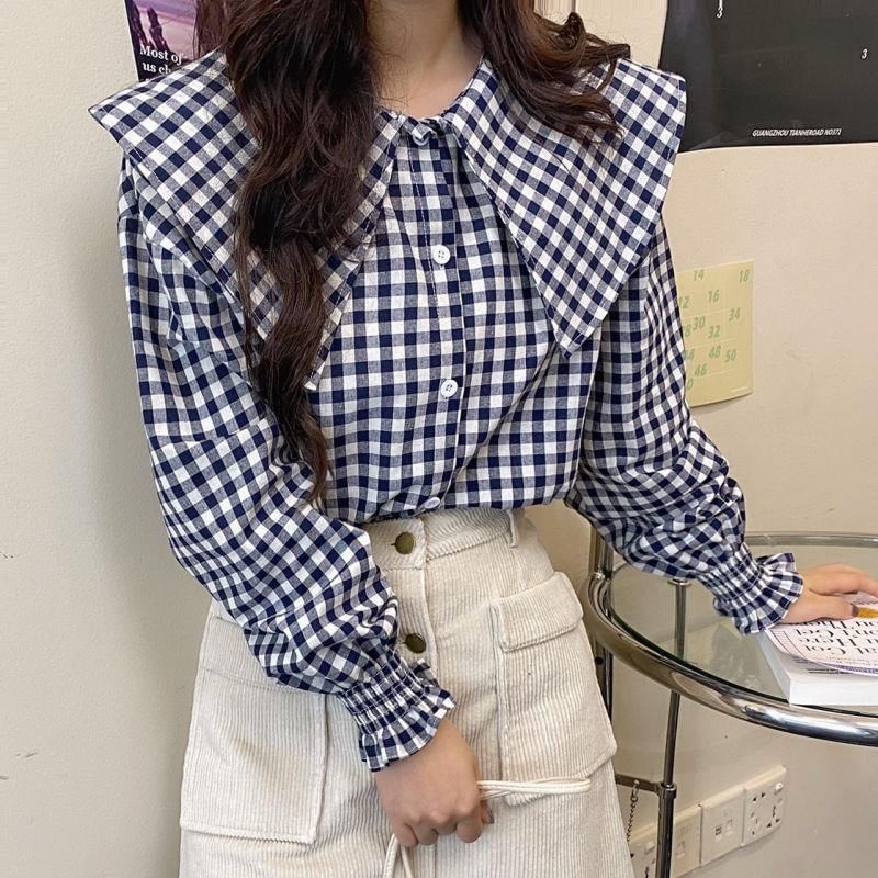 Long-Sleeve Gingham Check Blouse