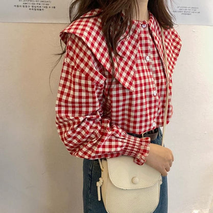 Long-Sleeve Gingham Check Blouse