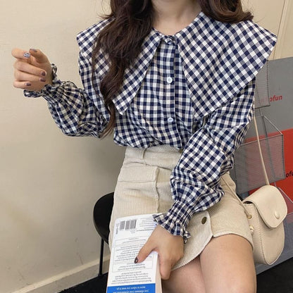 Long-Sleeve Gingham Check Blouse