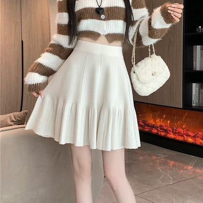 Knit Mini Skirt - High Waist Plain A-Line