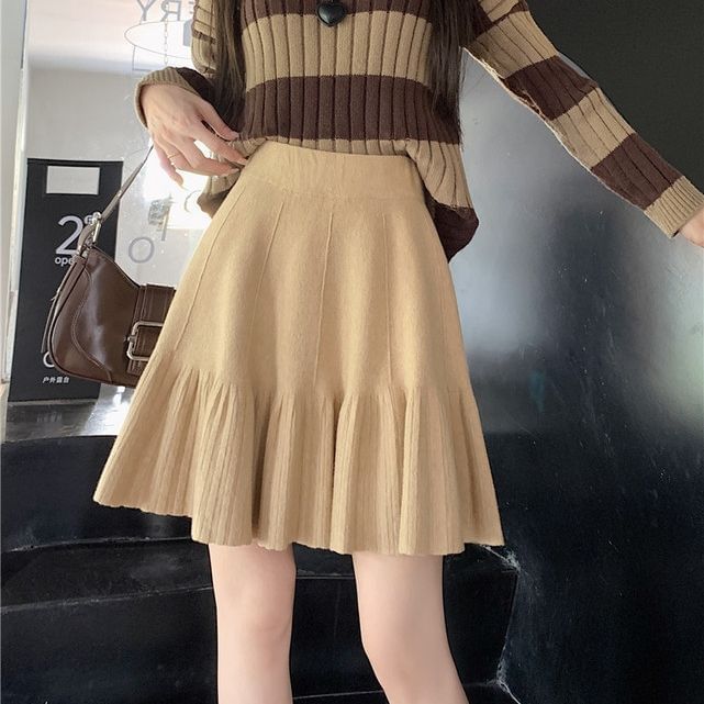 Knit Mini Skirt - High Waist Plain A-Line