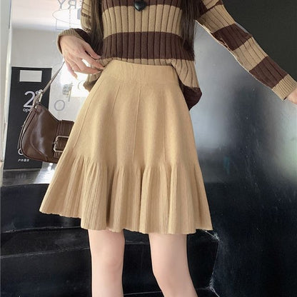 Knit Mini Skirt - High Waist Plain A-Line