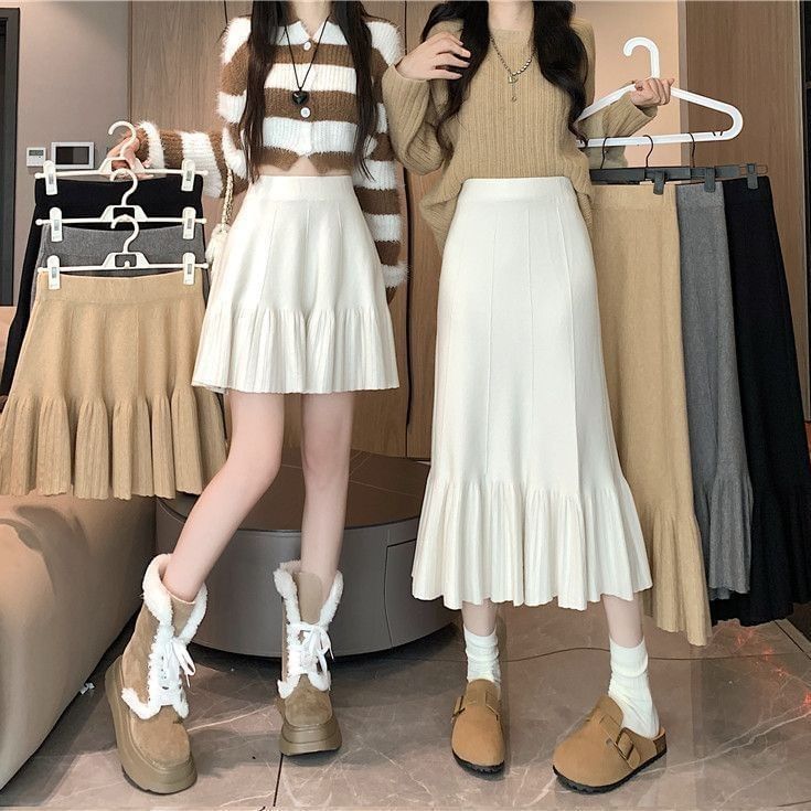 Knit Mini Skirt - High Waist Plain A-Line