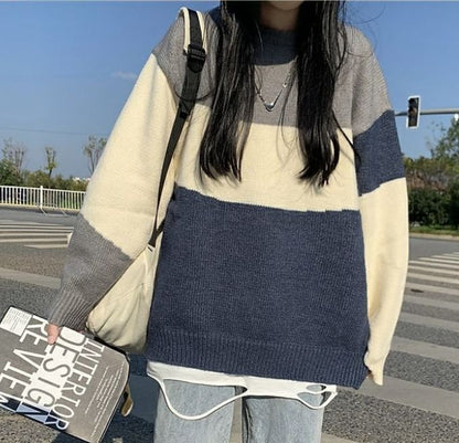 Round Neck Sweater with Color Block Design
