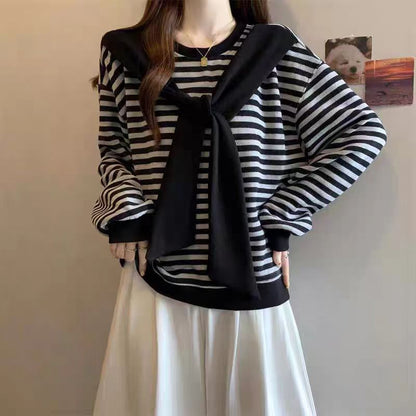 Striped Knot-Detail Crewneck Pullover Sweatshirt