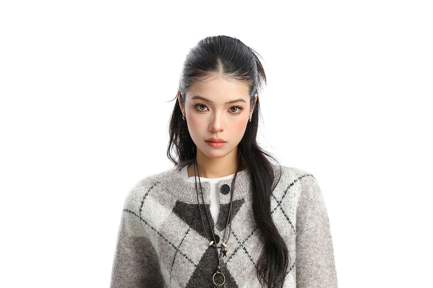 Round Neck Argyle Button Up Cardigan