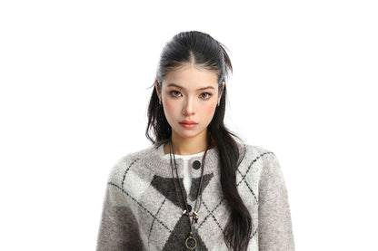 Round Neck Argyle Button Up Cardigan