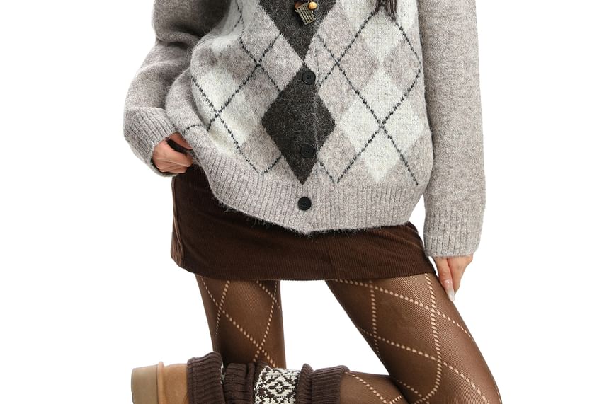 Round Neck Argyle Button Up Cardigan