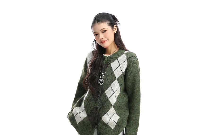 Round Neck Argyle Button Up Cardigan
