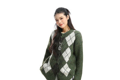 Round Neck Argyle Button Up Cardigan