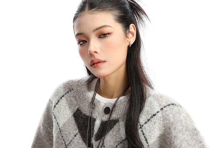 Round Neck Argyle Button Up Cardigan