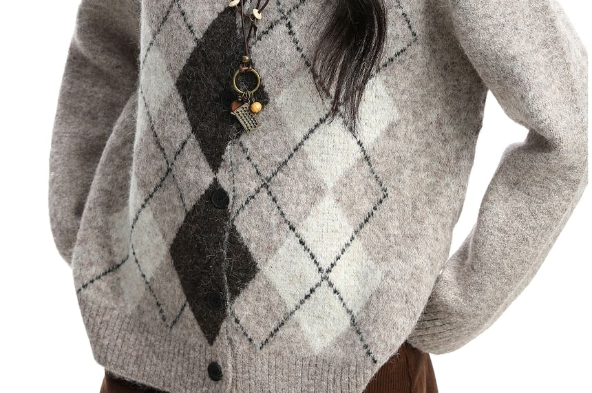 Round Neck Argyle Button Up Cardigan