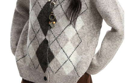 Round Neck Argyle Button Up Cardigan