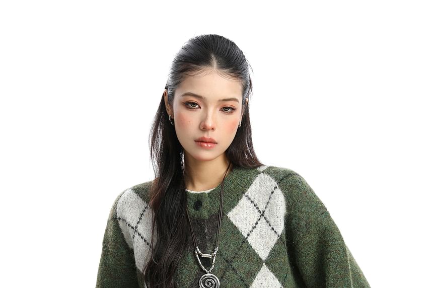 Round Neck Argyle Button Up Cardigan