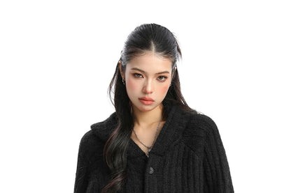 Hooded Plain Button Up Cardigan
