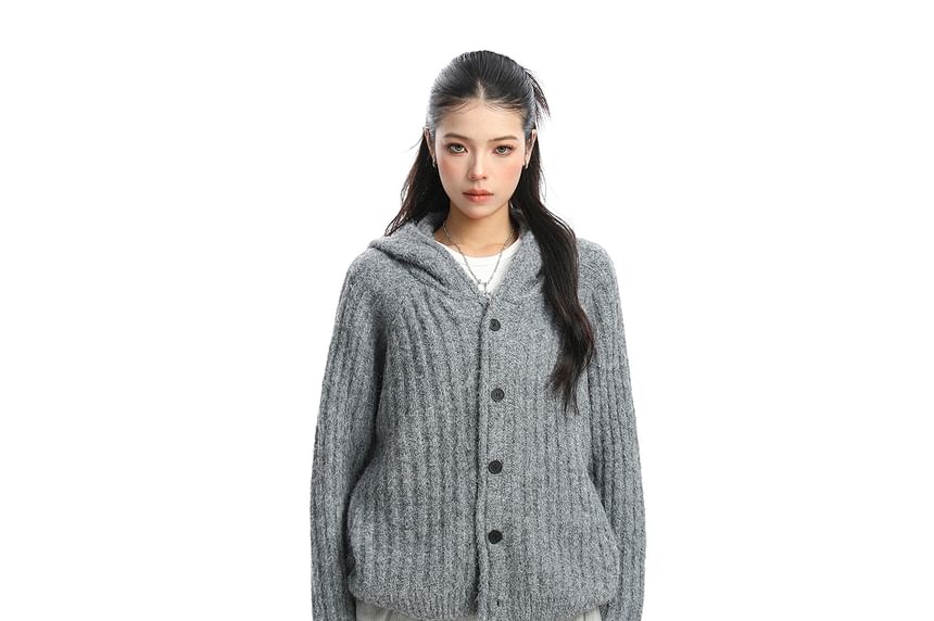 Hooded Plain Button Up Cardigan