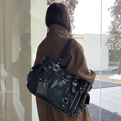 Faux Leather Plain Shoulder Bag With Tag