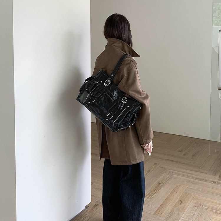 Faux Leather Plain Shoulder Bag With Tag