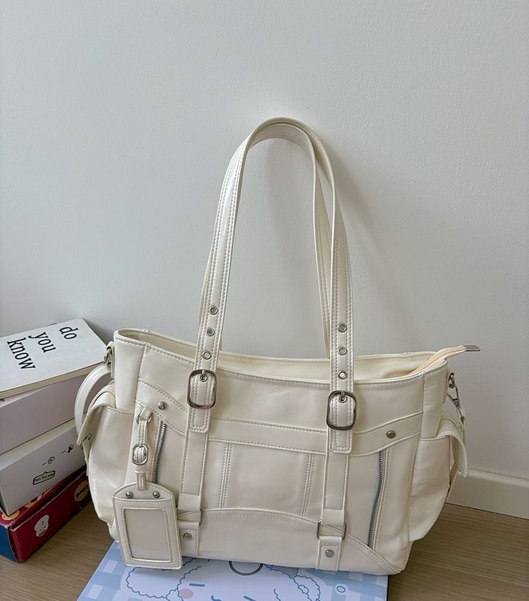 Faux Leather Plain Shoulder Bag With Tag
