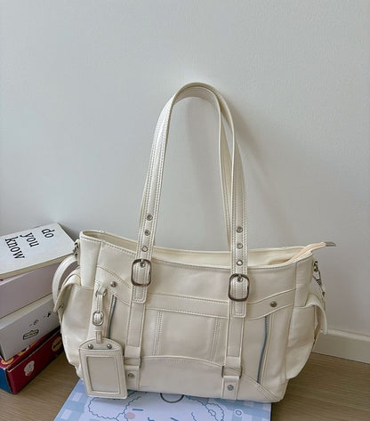 Faux Leather Plain Shoulder Bag With Tag