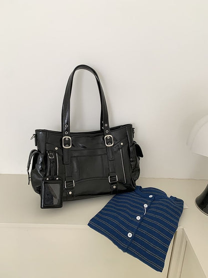 Faux Leather Plain Shoulder Bag With Tag
