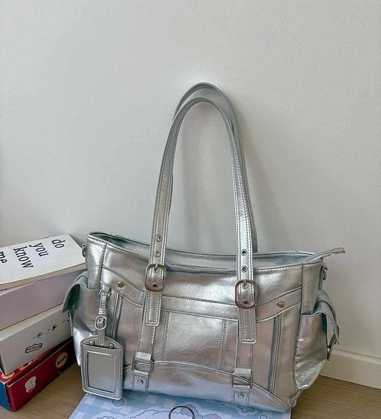 Faux Leather Plain Shoulder Bag With Tag