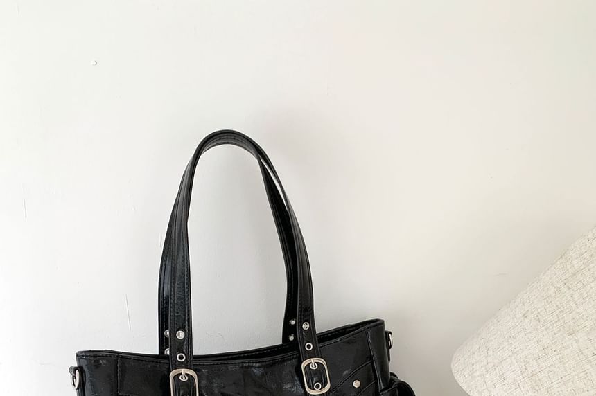 Faux Leather Plain Shoulder Bag With Tag
