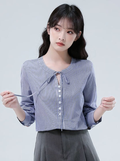 Long-Sleeve Round Neck Striped Blouse with Tie Front