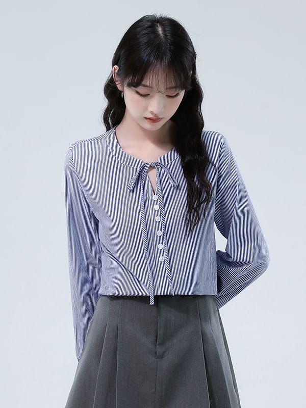 Long-Sleeve Round Neck Striped Blouse with Tie Front