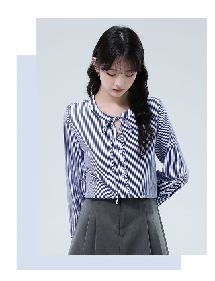 Long-Sleeve Round Neck Striped Blouse with Tie Front