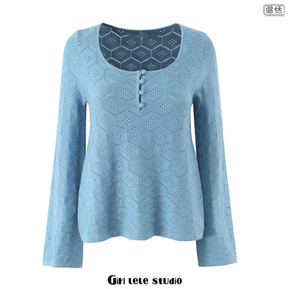 Long-Sleeve Scoop Neck Henley Pointelle Knit Top with Mini Skirt